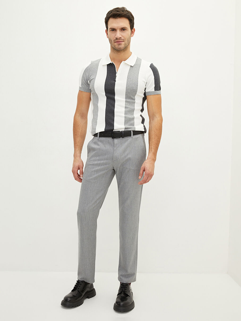 Ekru Polo Yaka Kısa Kollu Erkek Triko Kazak-2