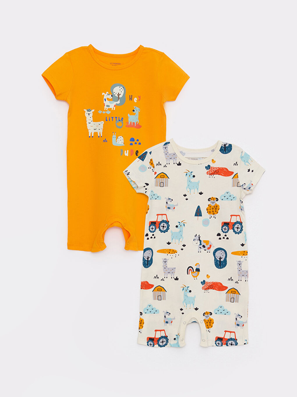 Salopetă pentru Bebeluși Băieți cu Guler Rotund, Mânecă Scurtă, Imprimat, din Bumbac, Pachet de 2 Bucăți