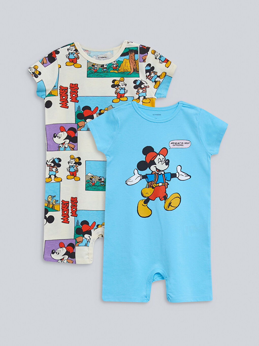 Crew Neck Short Sleeve Mickey Mouse Printed Cotton Baby Boy Rompers 2 Pack