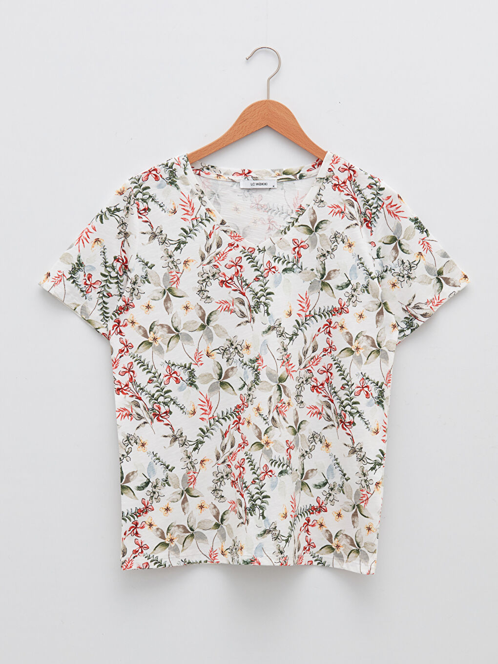 Women's V-Neck Floral Short Sleeve Cotton T-Shirt-5