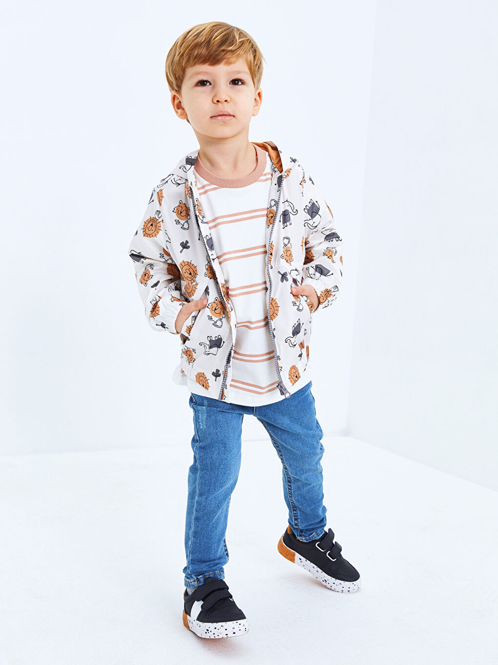 Kahverengi Bisiklet Yaka Kısa Kollu Çizgili Pamuklu Erkek Bebek Tişört