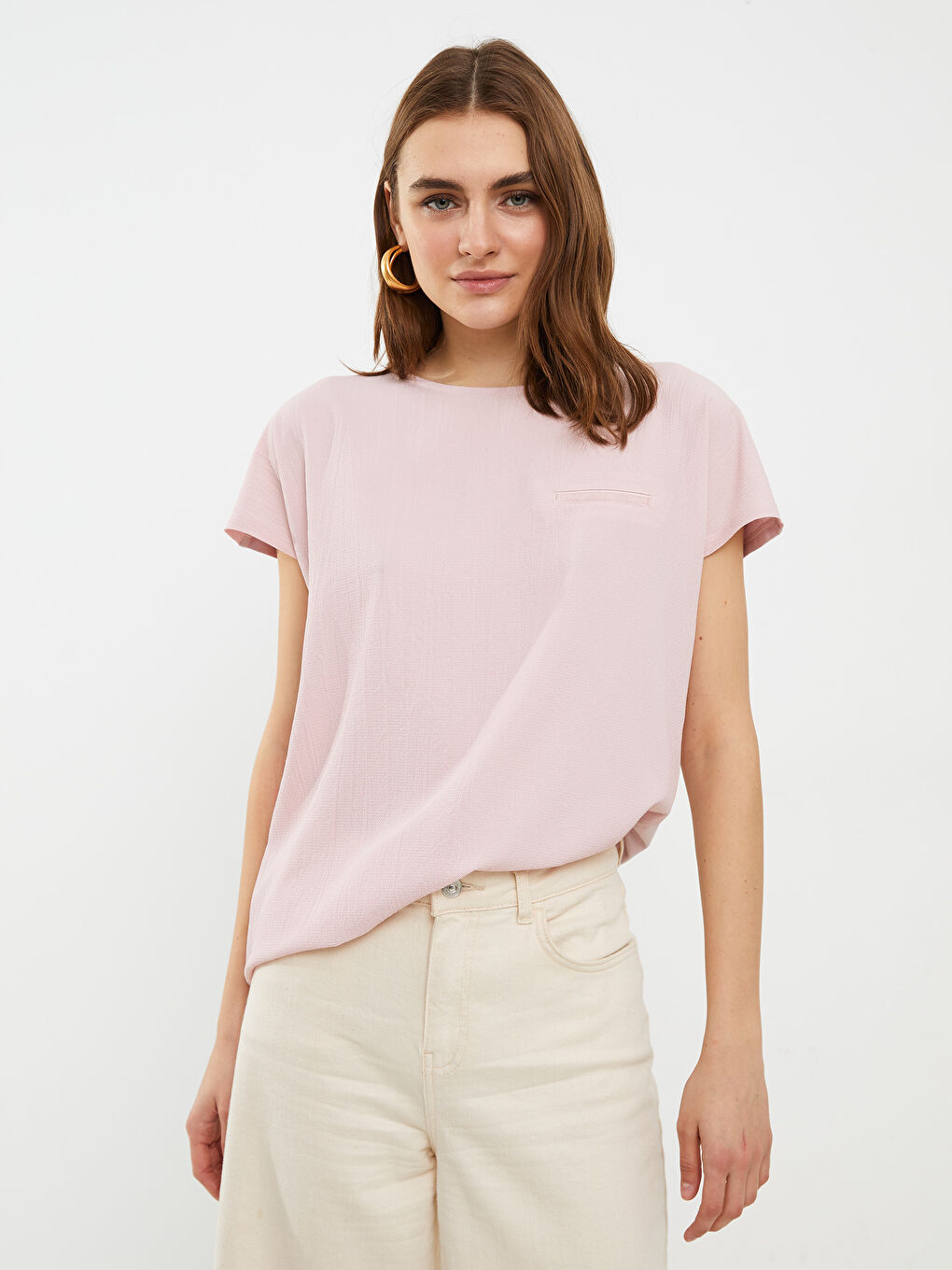 تي شيرت سادة بياقة دائرية بأكمام قصيرة للسيدات-1