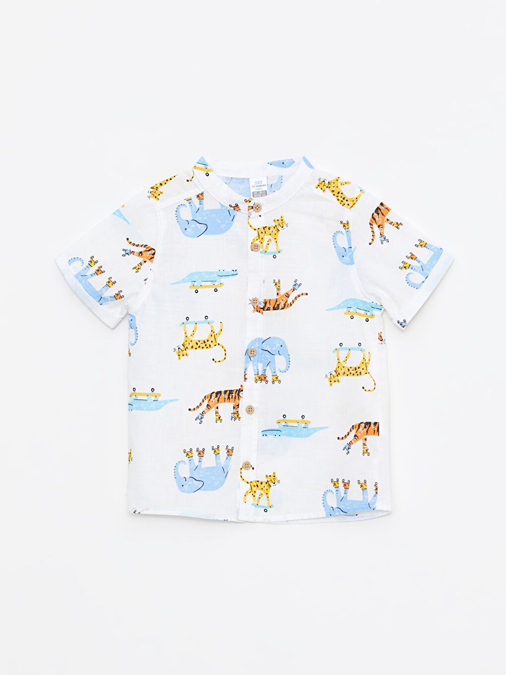 Bej Hakim Yaka Kısa Kol Baskılı Pamuklu Erkek Bebek Gömlek