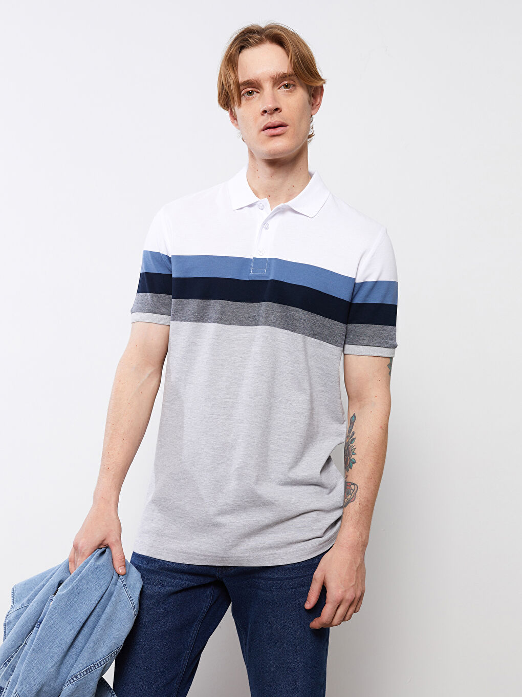 Lacivert Polo Yaka Kısa Kollu Çizgili Erkek Tişört