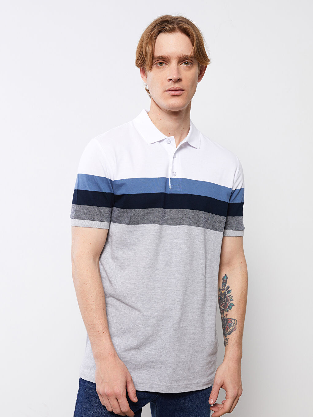 Lacivert Polo Yaka Kısa Kollu Çizgili Erkek Tişört-1