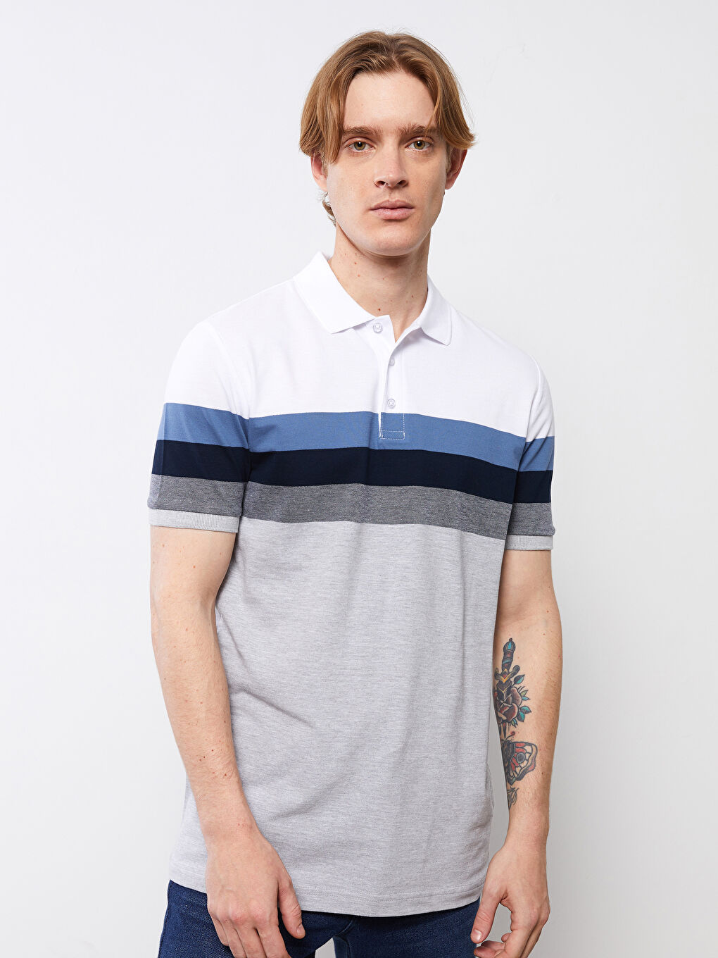 Lacivert Polo Yaka Kısa Kollu Çizgili Erkek Tişört-2