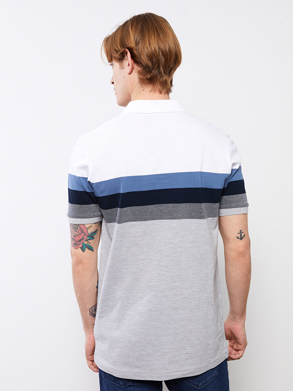 Lacivert Polo Yaka Kısa Kollu Çizgili Erkek Tişört-4