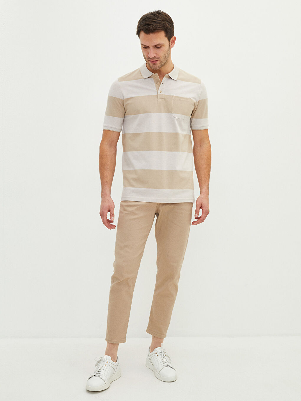 Bej Polo Yaka Kısa Kollu Renk Bloklu Erkek Tişört-2