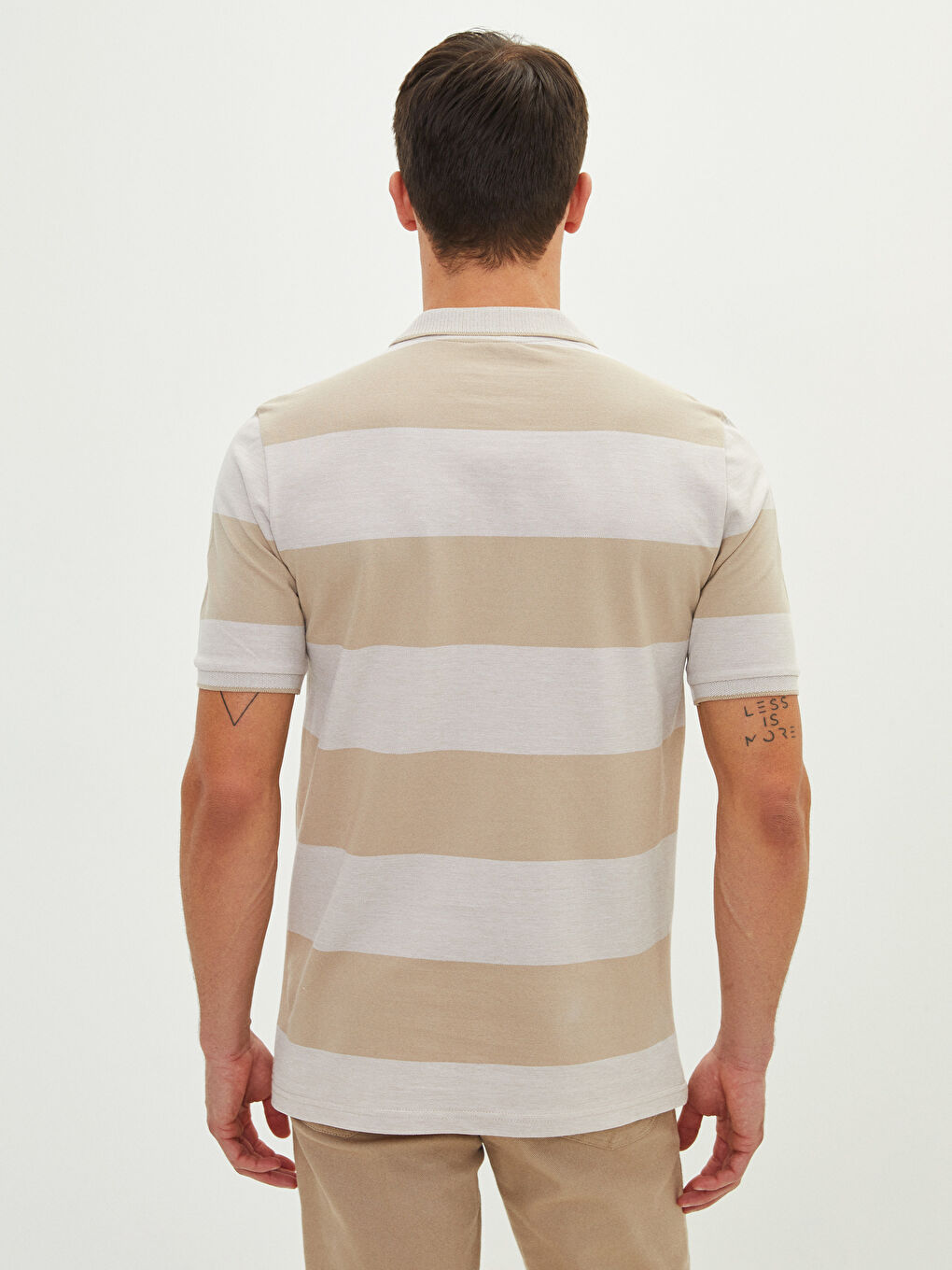 Bej Polo Yaka Kısa Kollu Renk Bloklu Erkek Tişört-4