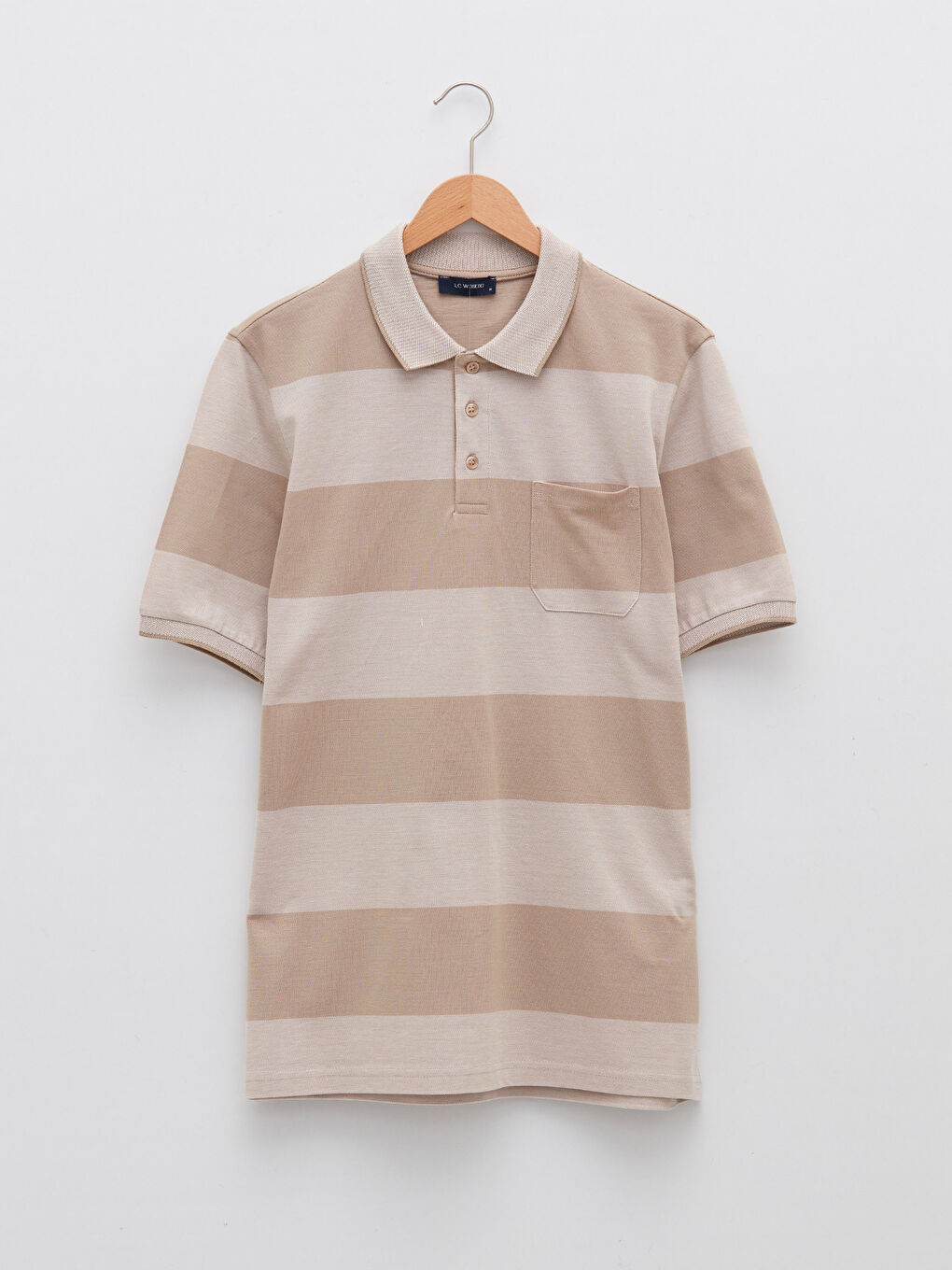 Bej Polo Yaka Kısa Kollu Renk Bloklu Erkek Tişört-5