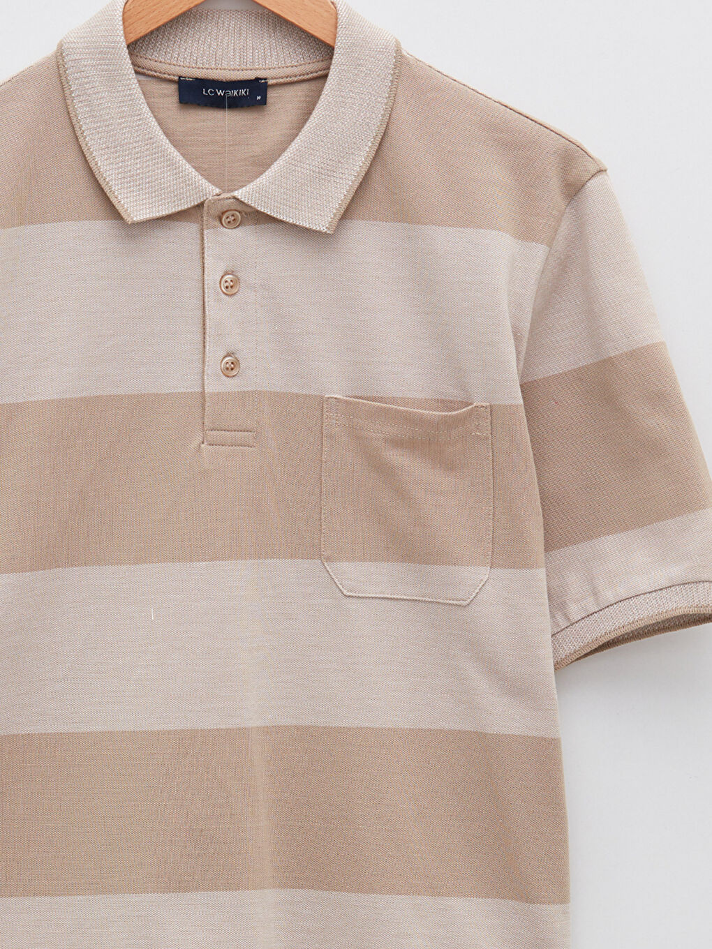 Bej Polo Yaka Kısa Kollu Renk Bloklu Erkek Tişört-7