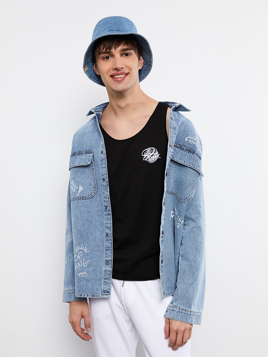 Siyah Bisiklet Yaka Baskılı Erkek Kolsuz Tişört