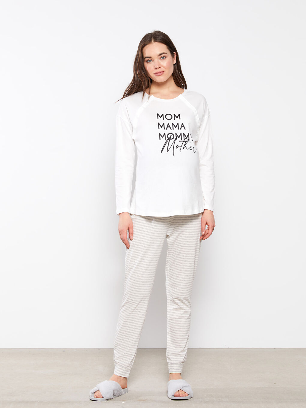 Ensemble de pyjama de maternité à manches longues imprimé col rond avec allaitement-1