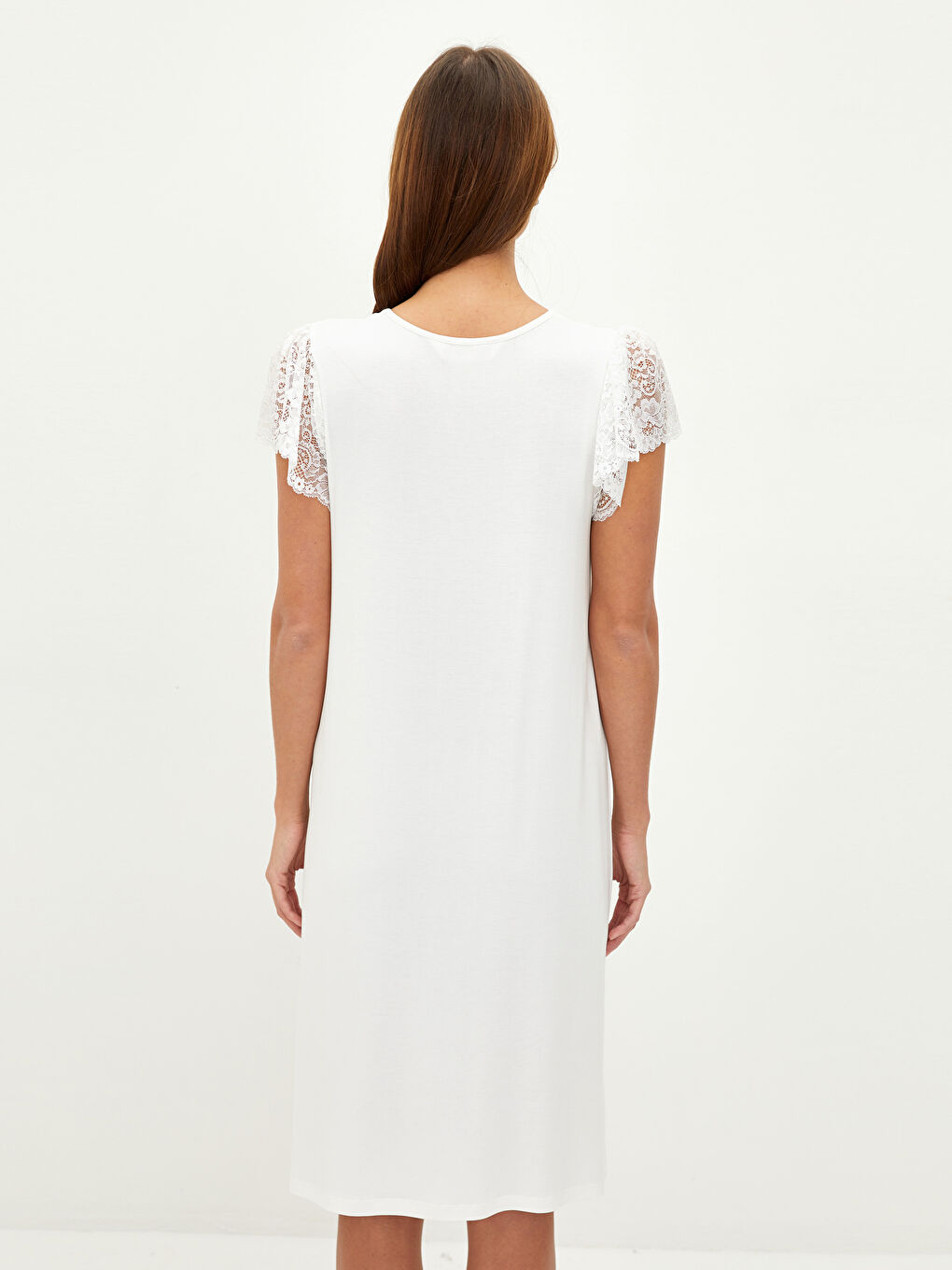 Ekru V Yaka Nakışlı Kısa Kollu Hamile Gecelik-4
