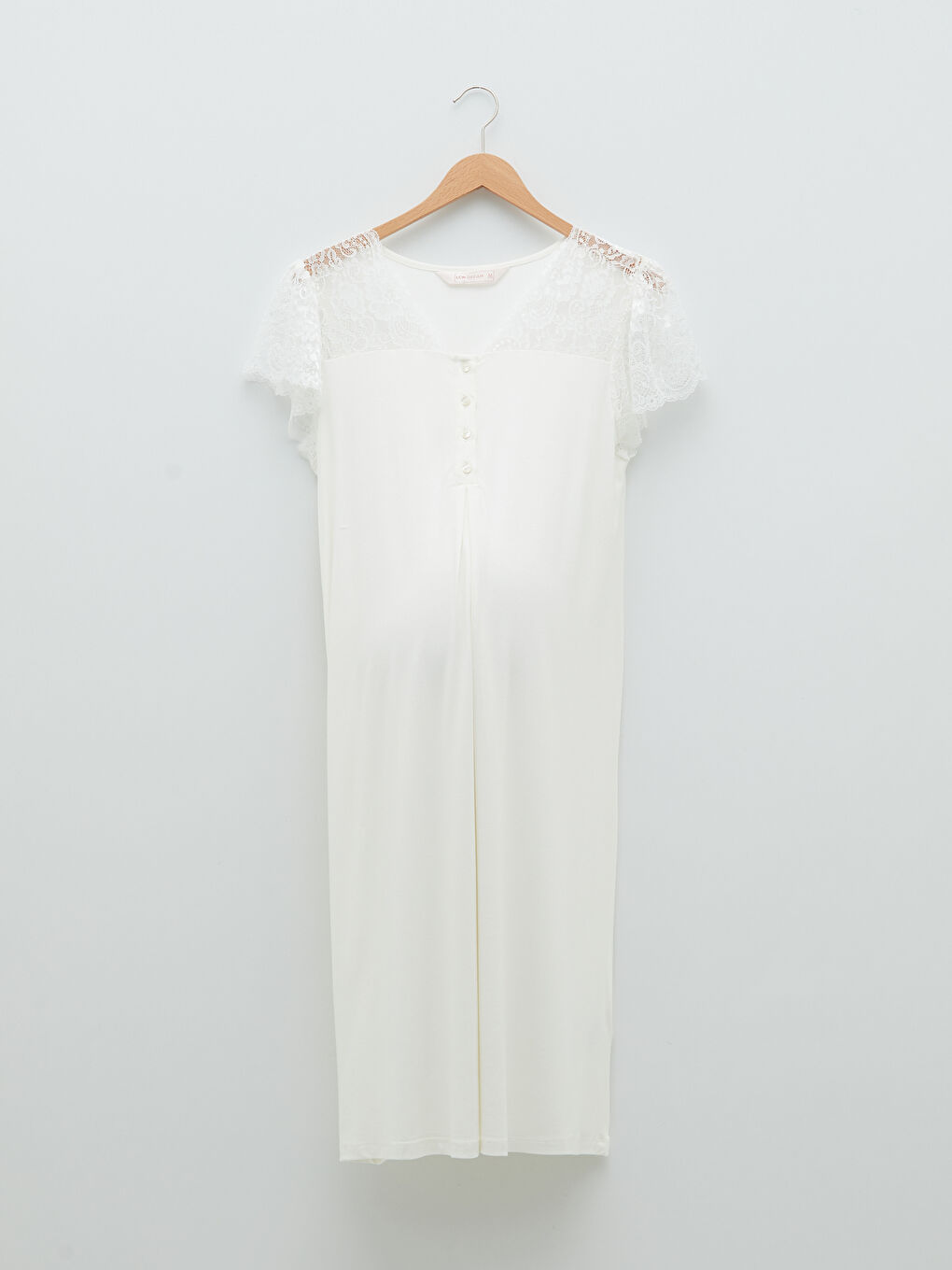 Ekru V Yaka Nakışlı Kısa Kollu Hamile Gecelik-5