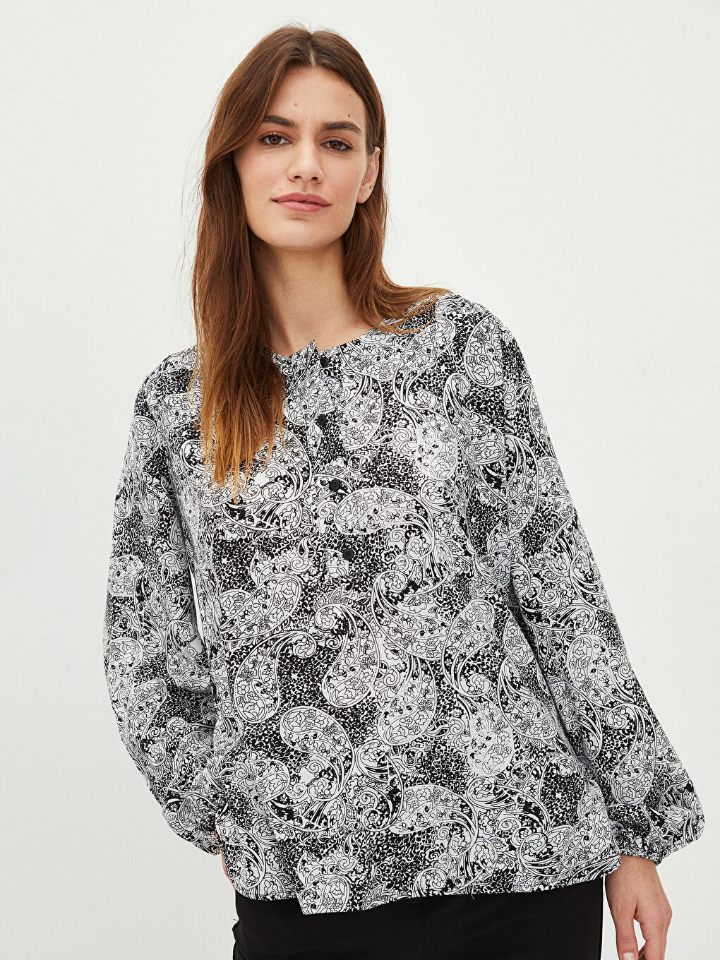 Crew Neck Patterned Long Sleeve Viscose Women's Blouse