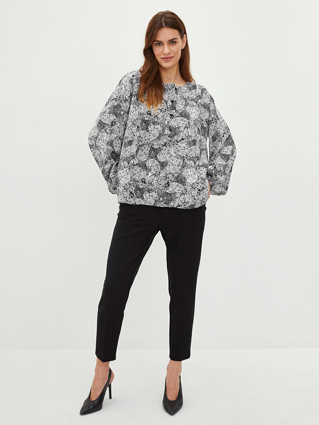 Crew Neck Patterned Long Sleeve Viscose Women's Blouse-1