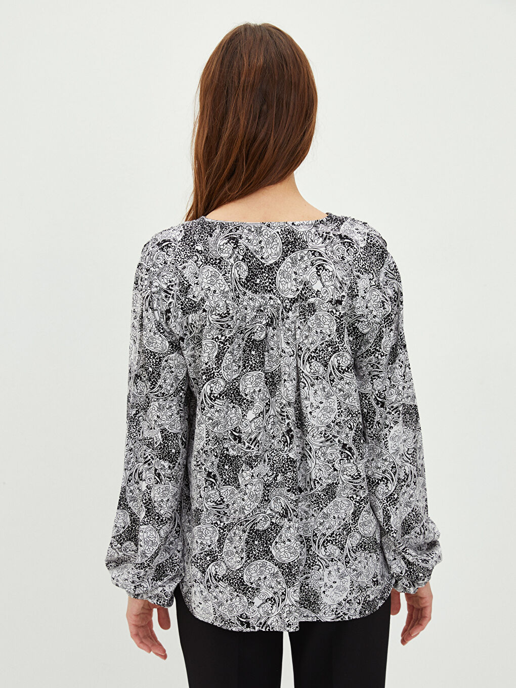 Crew Neck Patterned Long Sleeve Viscose Women's Blouse-3