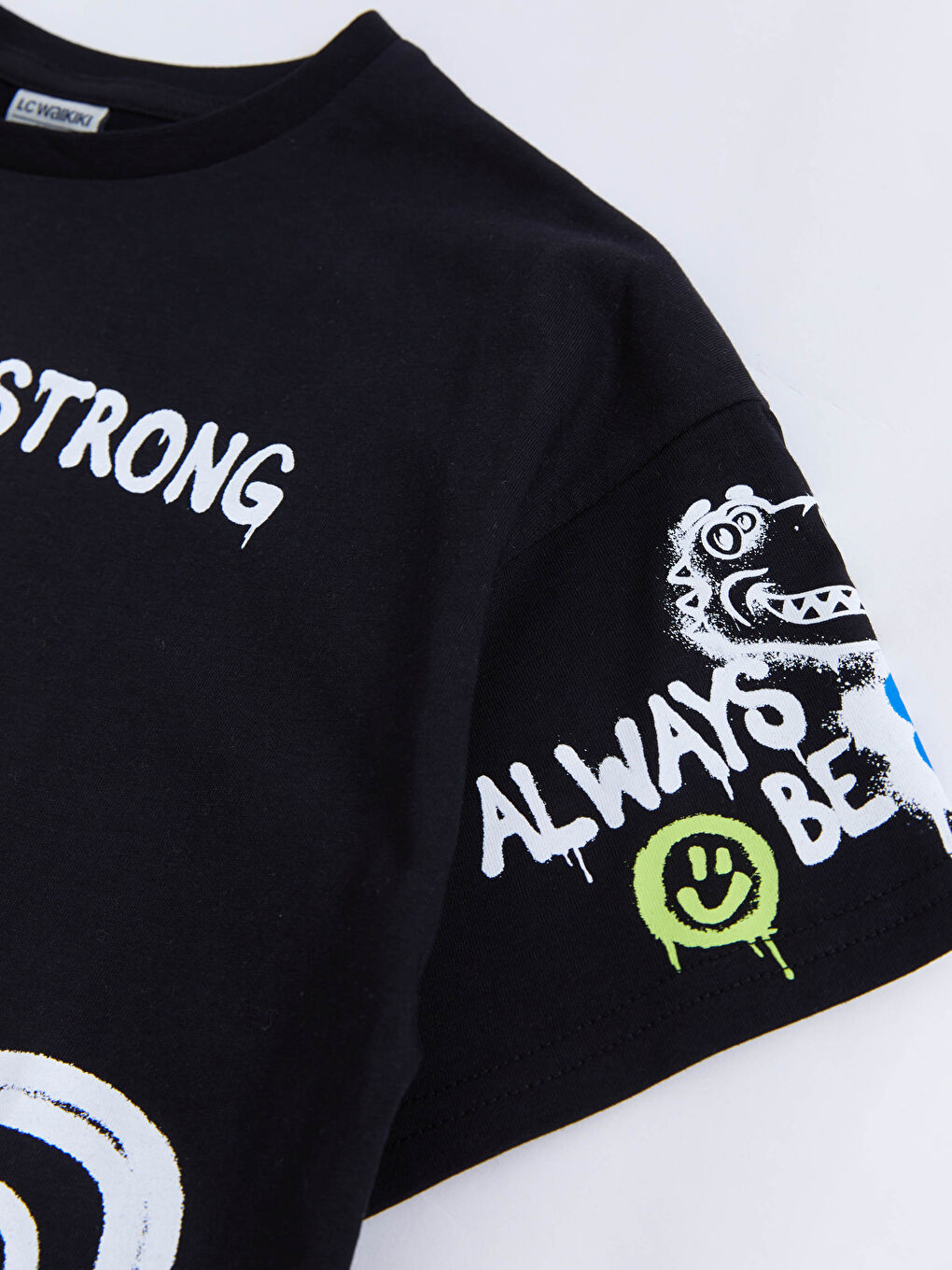 Siyah Bisiklet Yaka Baskılı Kısa Kollu Pamuklu Erkek Çocuk Tişört-2