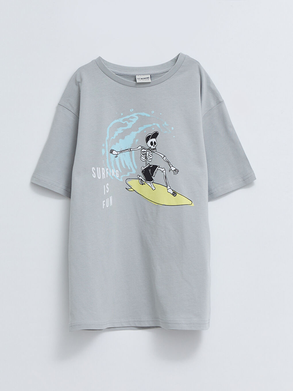 Gri Bisiklet Yaka Baskılı Kısa Kollu Pamuklu Erkek Çocuk Tişört