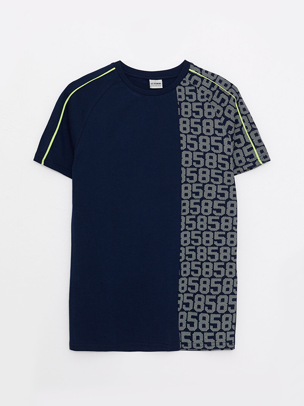 Lacivert Bisiklet Yaka Baskılı Kısa Kollu Pamuklu Erkek Çocuk Tişört