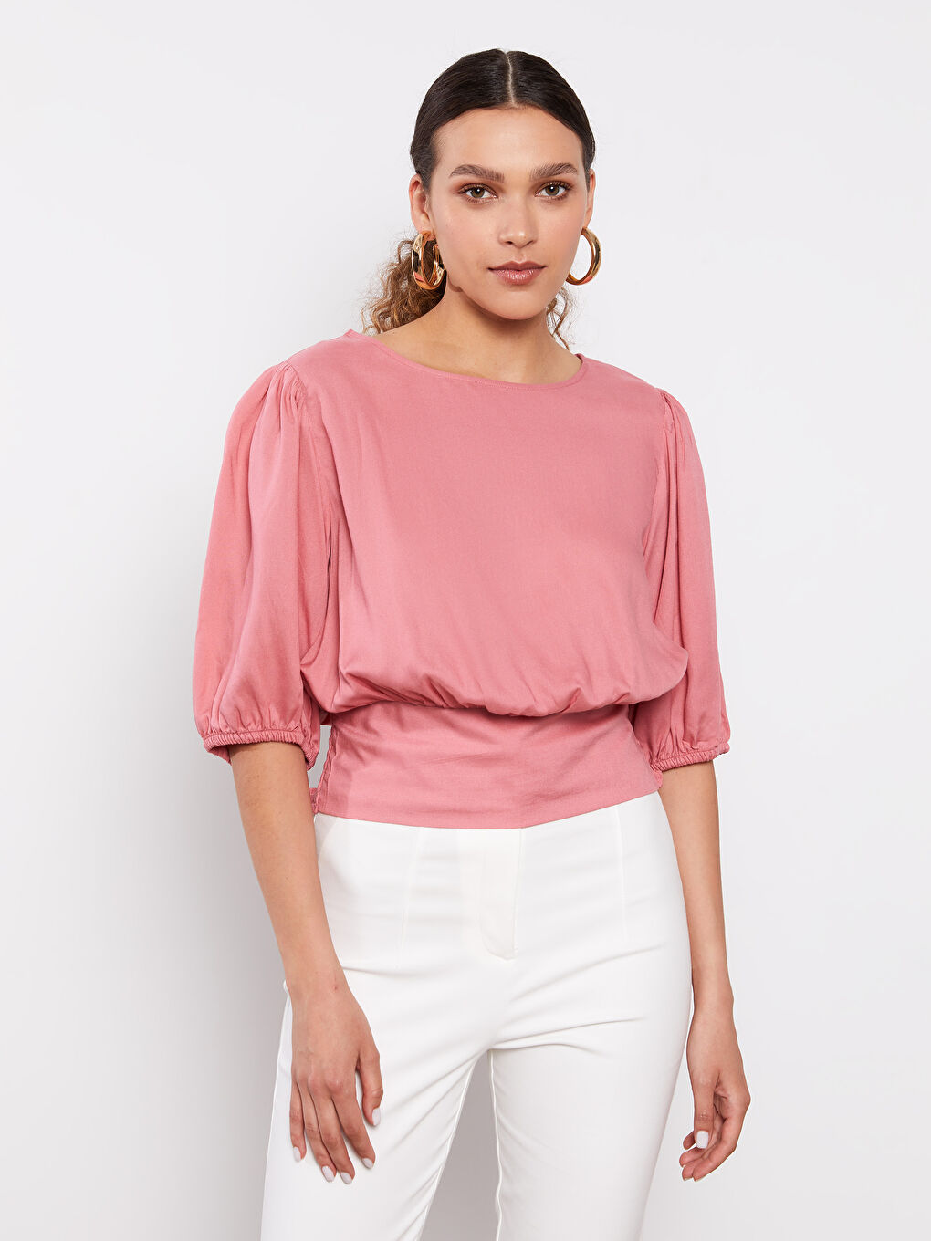 Pembe Bisiklet Yaka Düz Kısa Kollu Viskon Kadın Bluz-2