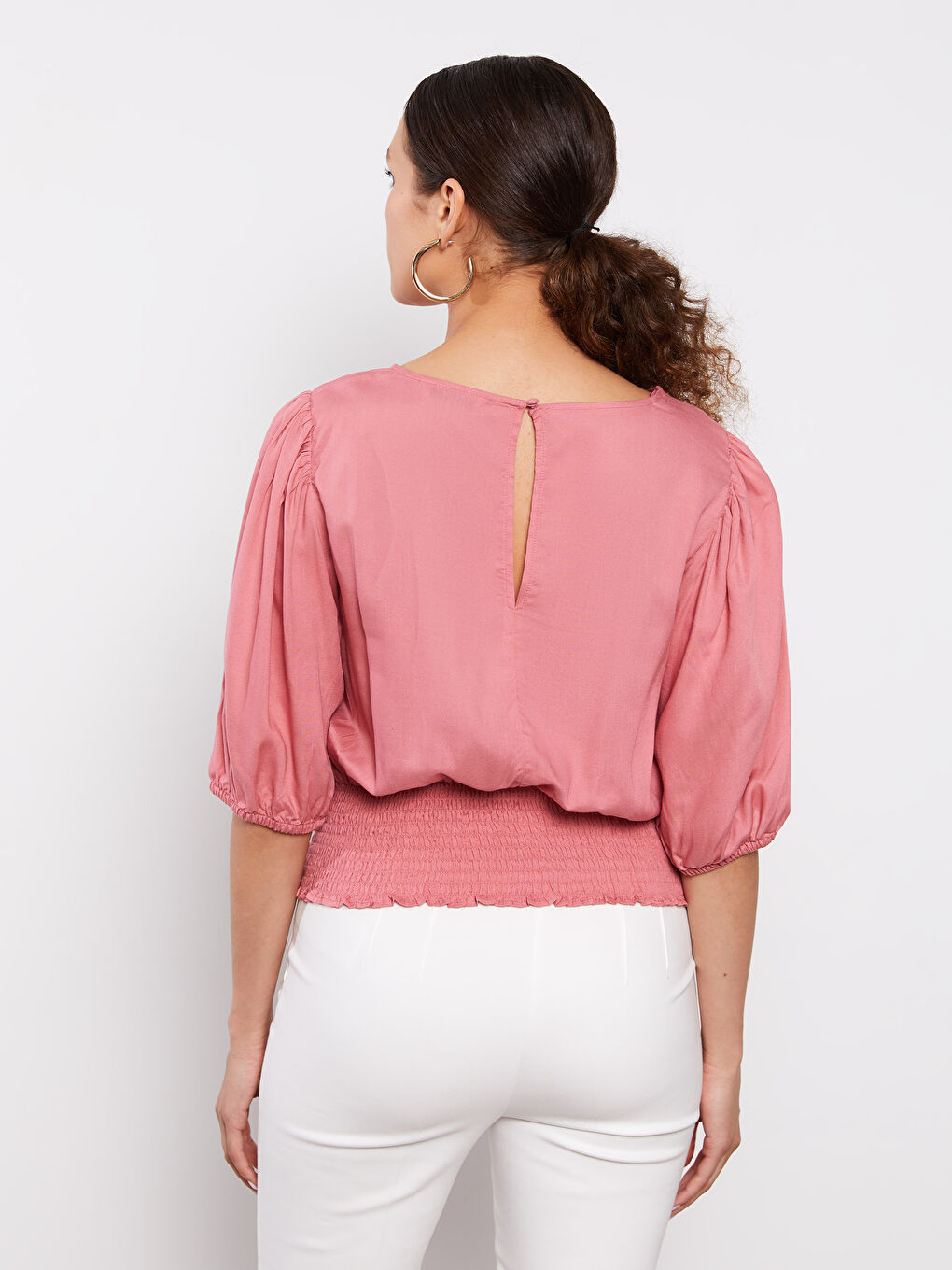Pembe Bisiklet Yaka Düz Kısa Kollu Viskon Kadın Bluz-4