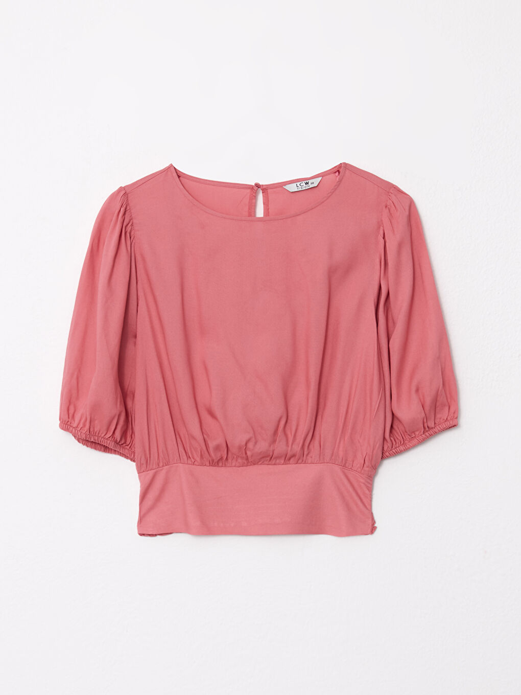 Pembe Bisiklet Yaka Düz Kısa Kollu Viskon Kadın Bluz-5