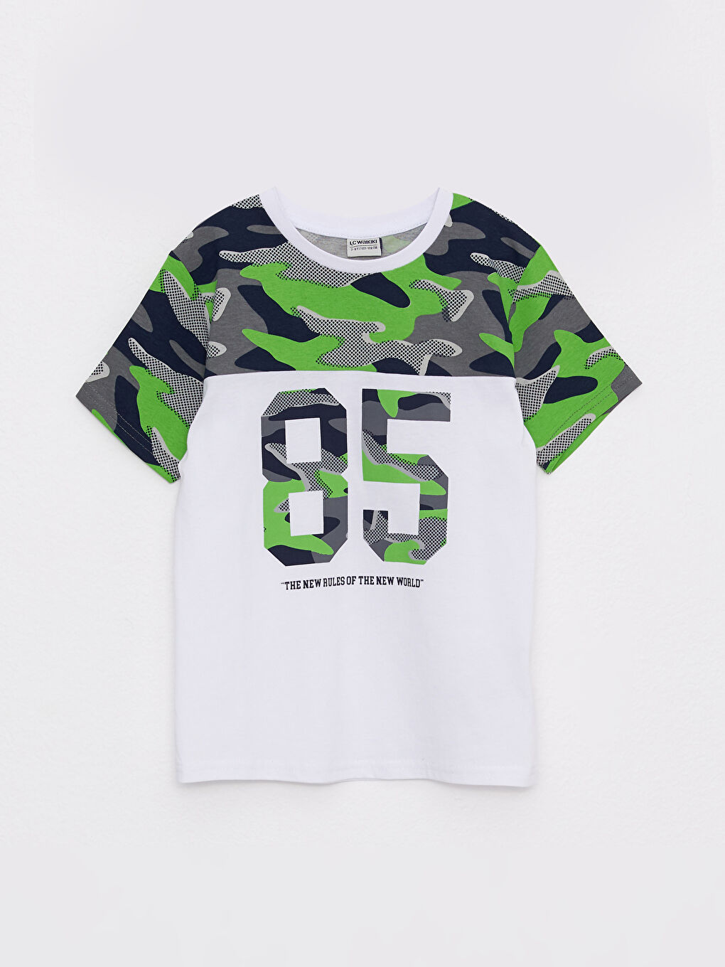 Beyaz Bisiklet Yaka Baskılı Kısa Kollu Pamuklu Erkek Çocuk Tişört