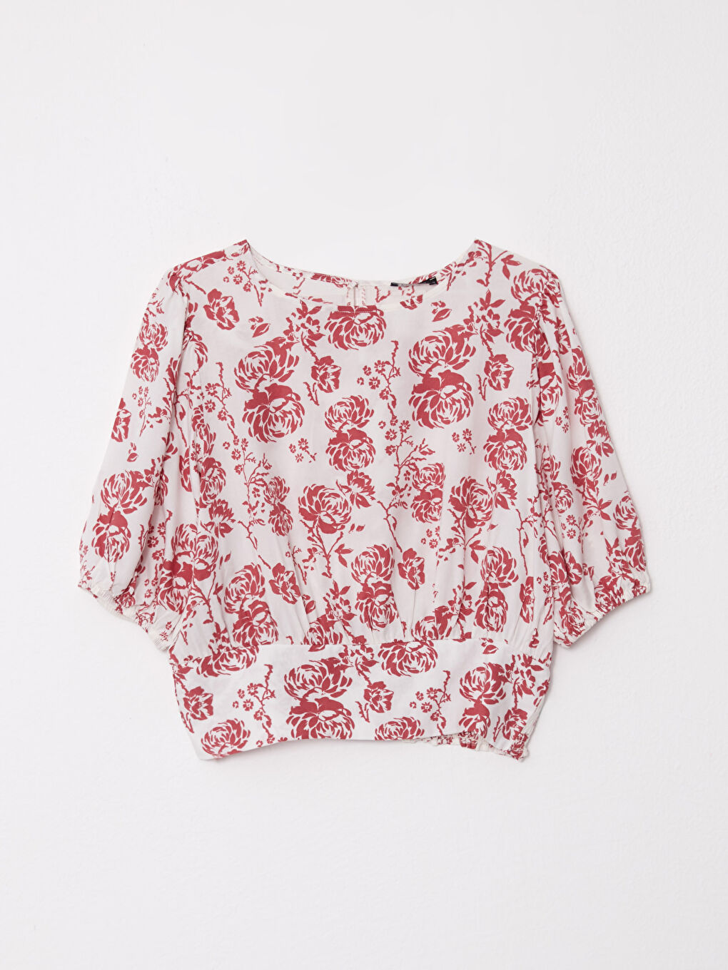 Crew Neck Patterned Short Sleeve Crop Women's Blouse-5