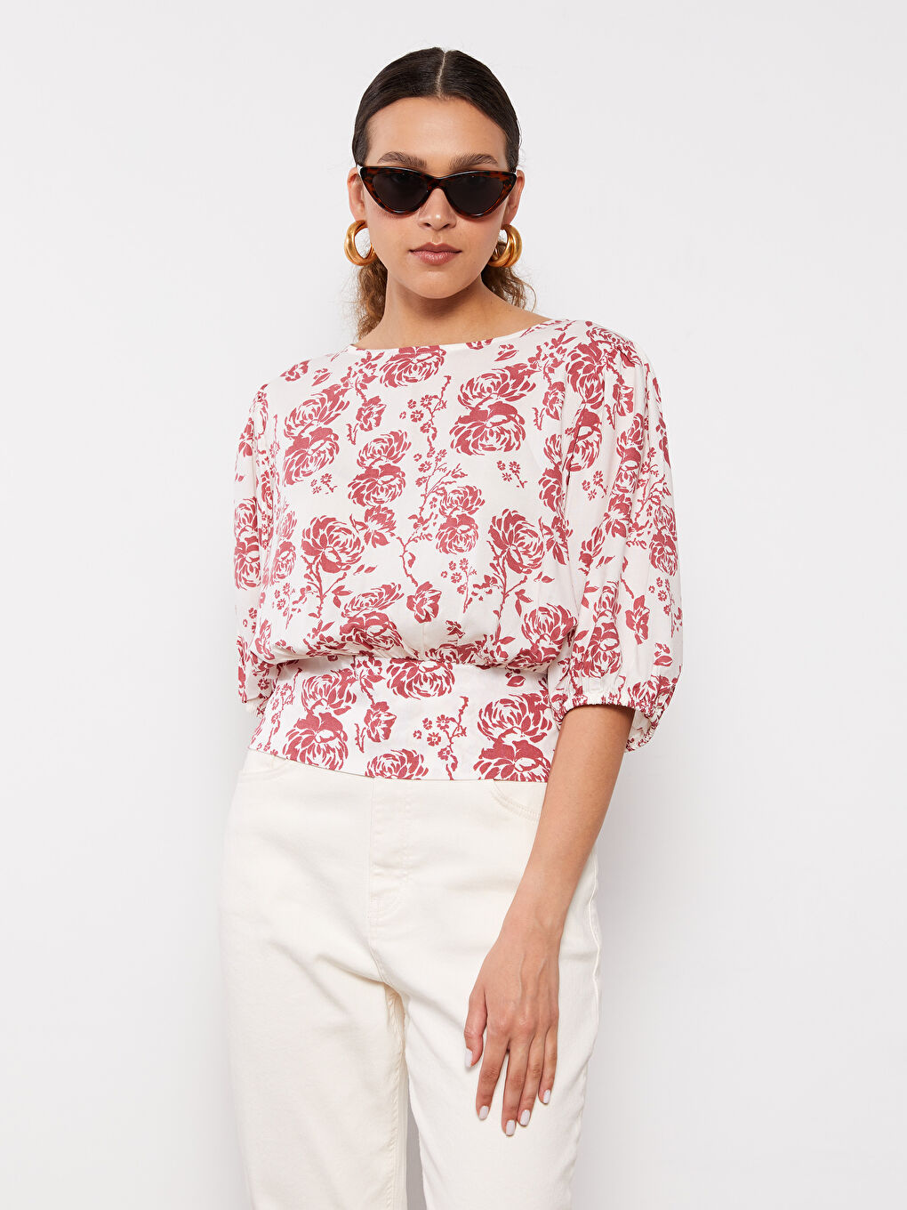 Crew Neck Patterned Short Sleeve Crop Women's Blouse