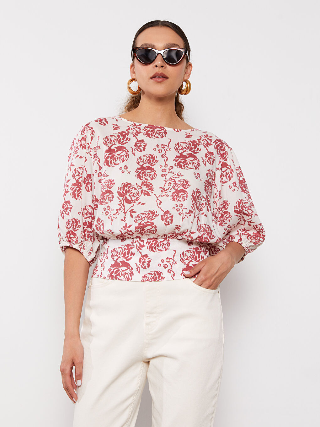 Crew Neck Patterned Short Sleeve Crop Women's Blouse-1