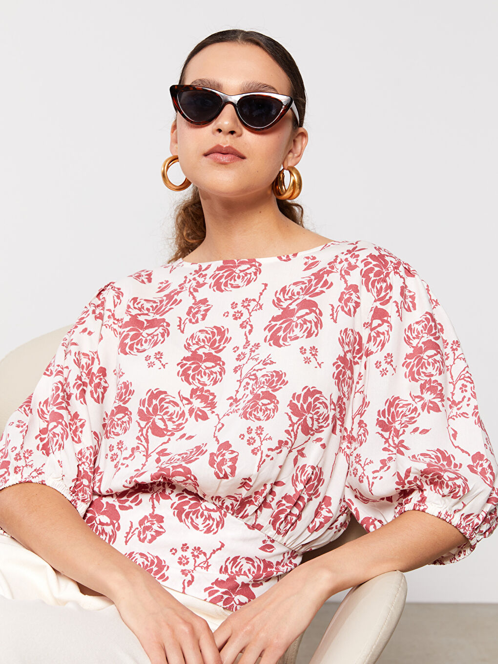 Crew Neck Patterned Short Sleeve Crop Women's Blouse-2