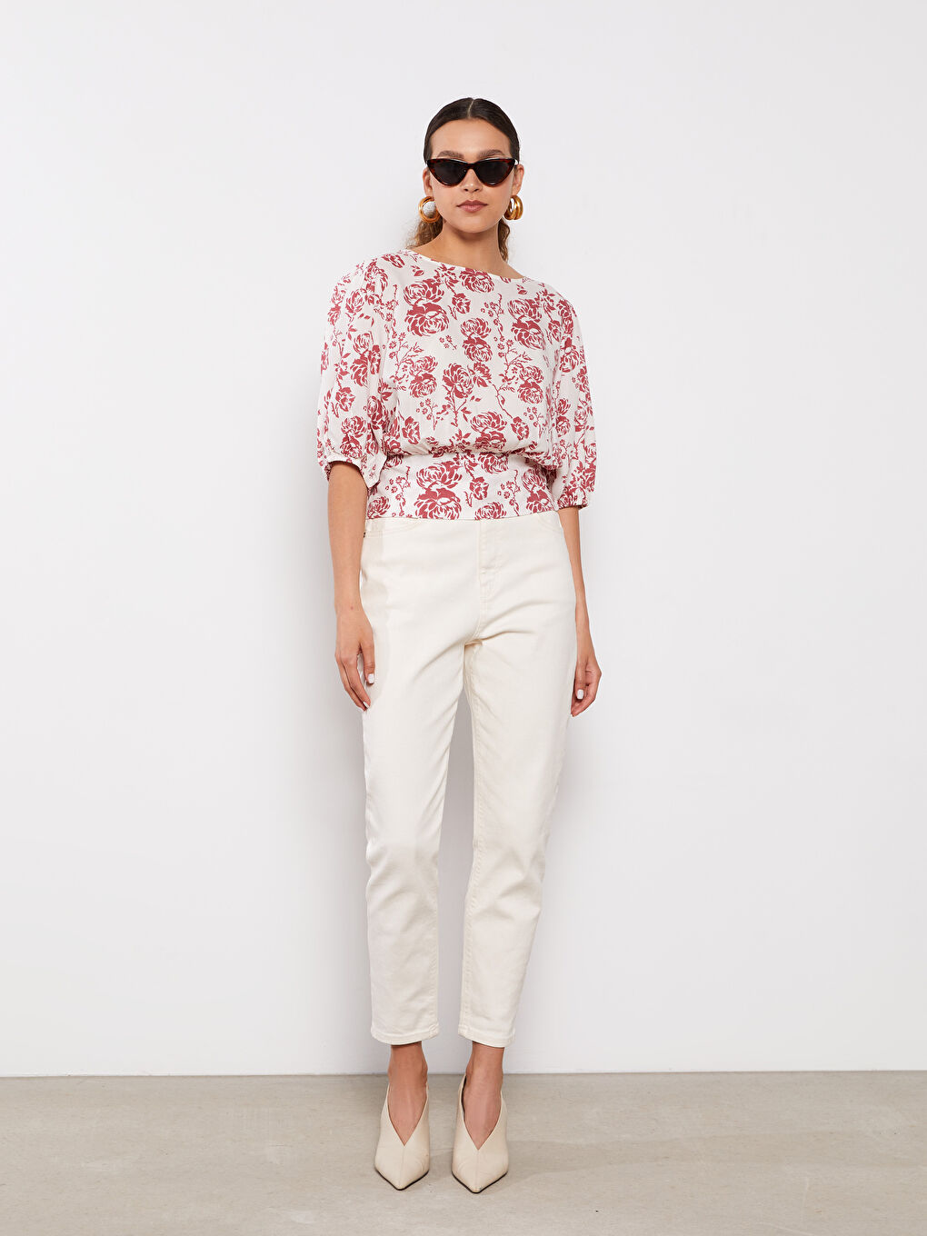 Crew Neck Patterned Short Sleeve Crop Women's Blouse-3