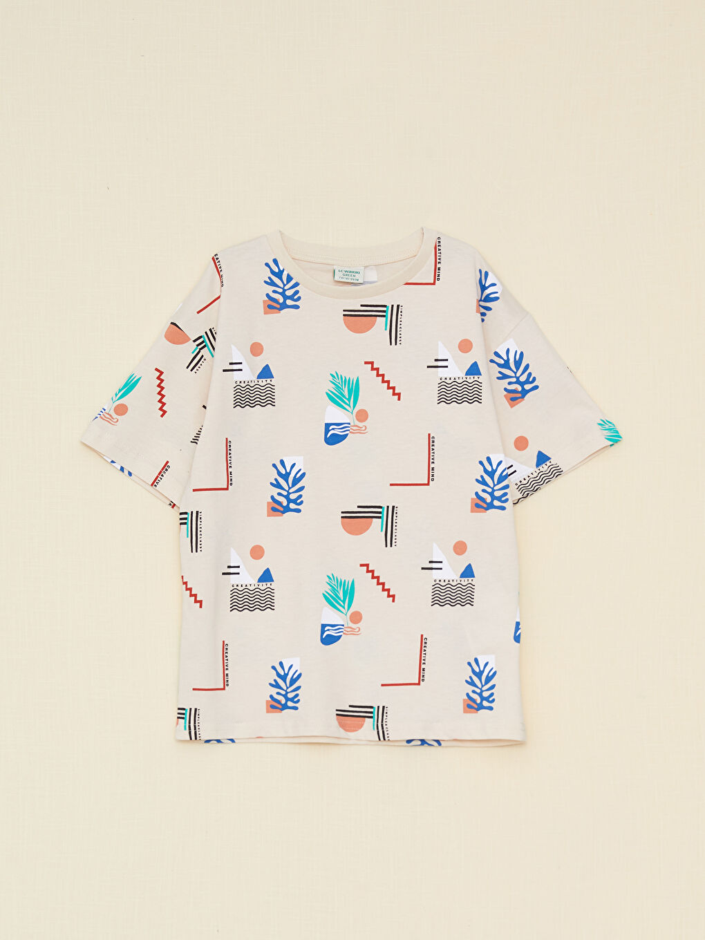 Bej Bisiklet Yaka Baskılı Kısa Kollu Pamuklu Erkek Çocuk Tişört