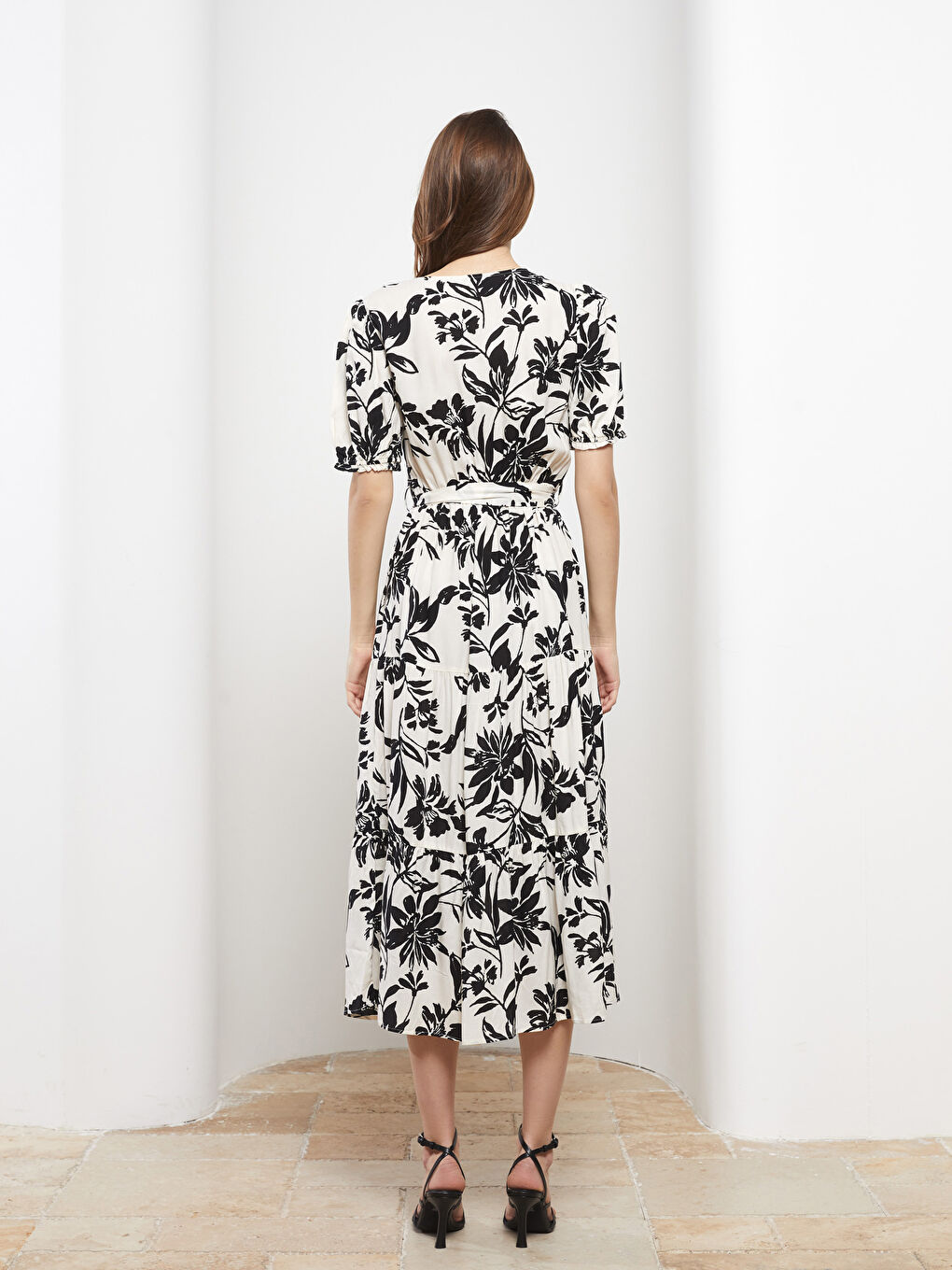 LCW Vision Double Breasted Collar Floral Short Sleeve Viscose Women's Dress -S29289Z8-LQJ