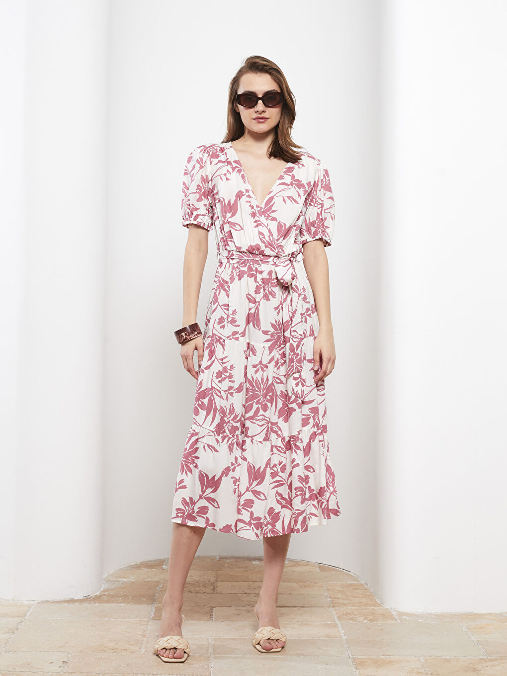 Double Breasted Collar Floral Short Sleeve Viscose Women's Dress