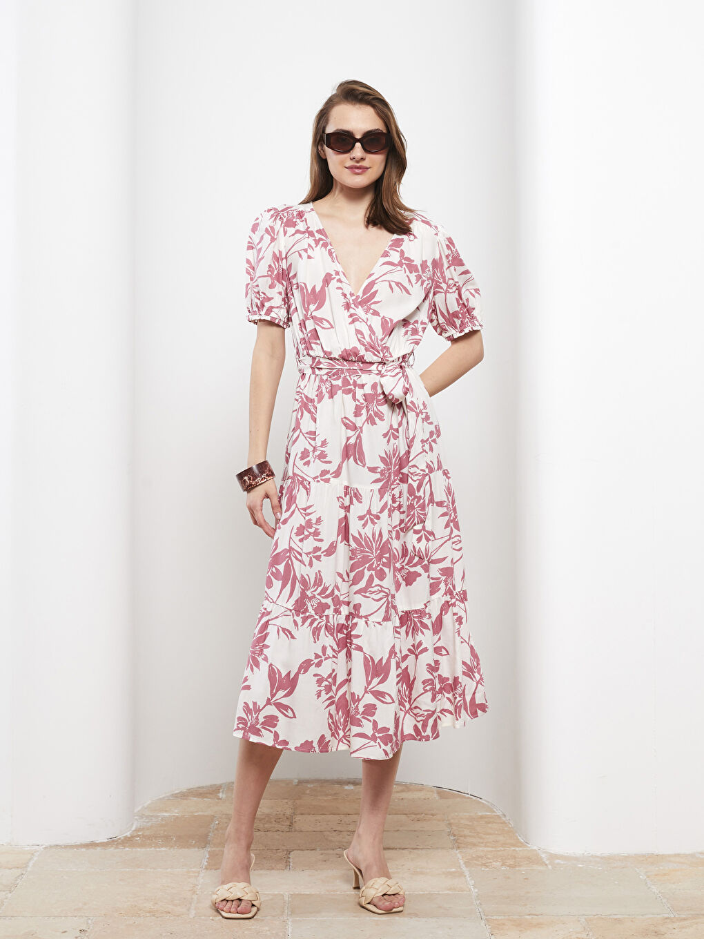 Double Breasted Collar Floral Short Sleeve Viscose Women's Dress-1