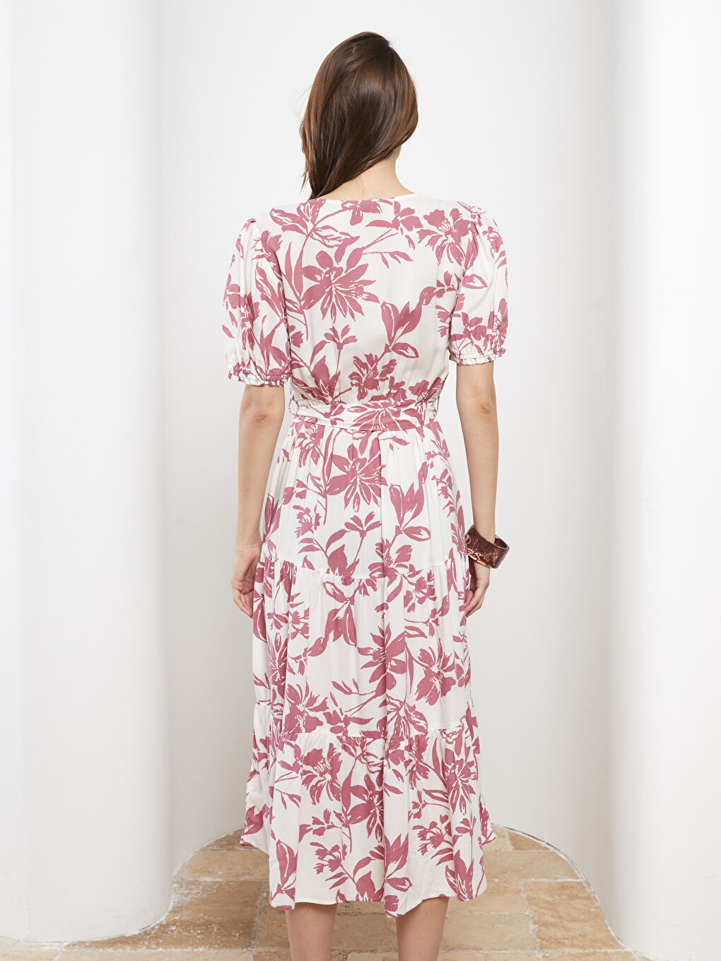 Double Breasted Collar Floral Short Sleeve Viscose Women's Dress-4