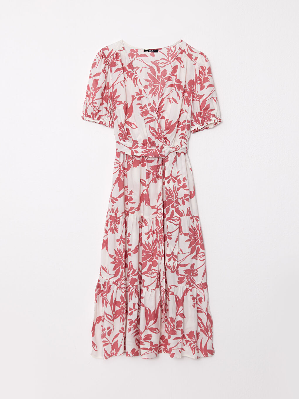 Double Breasted Collar Floral Short Sleeve Viscose Women's Dress-5