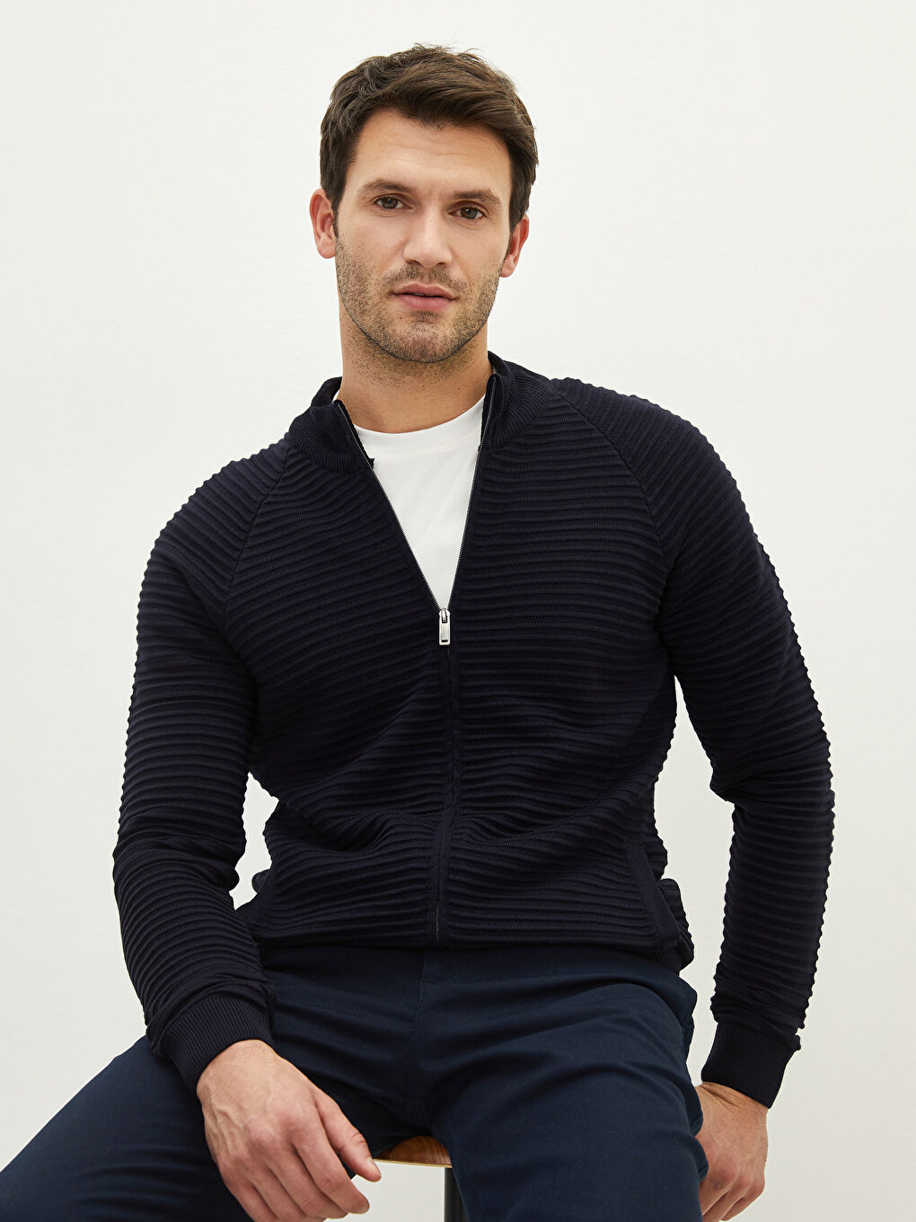 Lacivert Slim Fit Dik Yaka Erkek Hırka