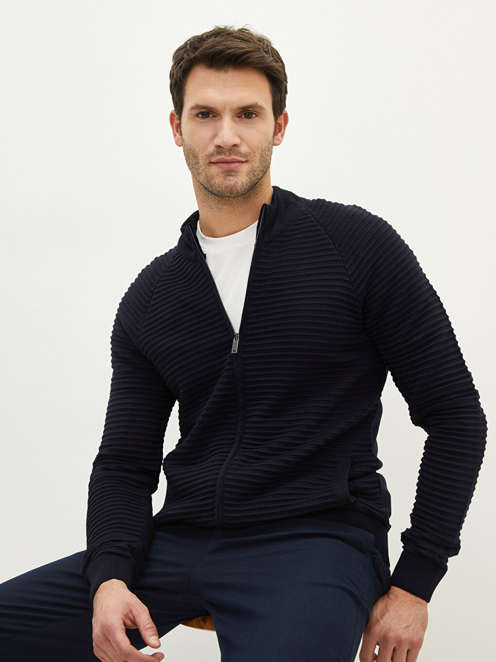 Lacivert Slim Fit Dik Yaka Erkek Hırka-1