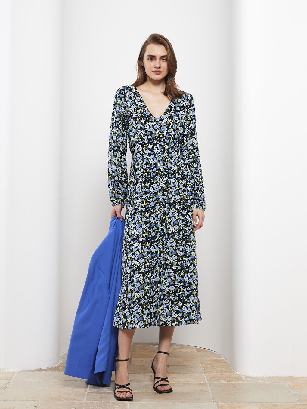 LC Waikiki V Neck Patterned Long Sleeve Viscose Women's Dress -S29298Z8-LSJ