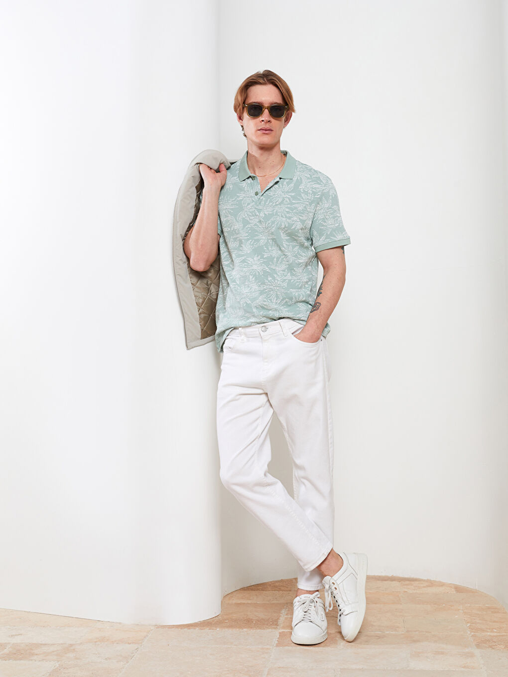 Yeşil Polo Yaka Kısa Kollu Desenli Pike Erkek Tişört