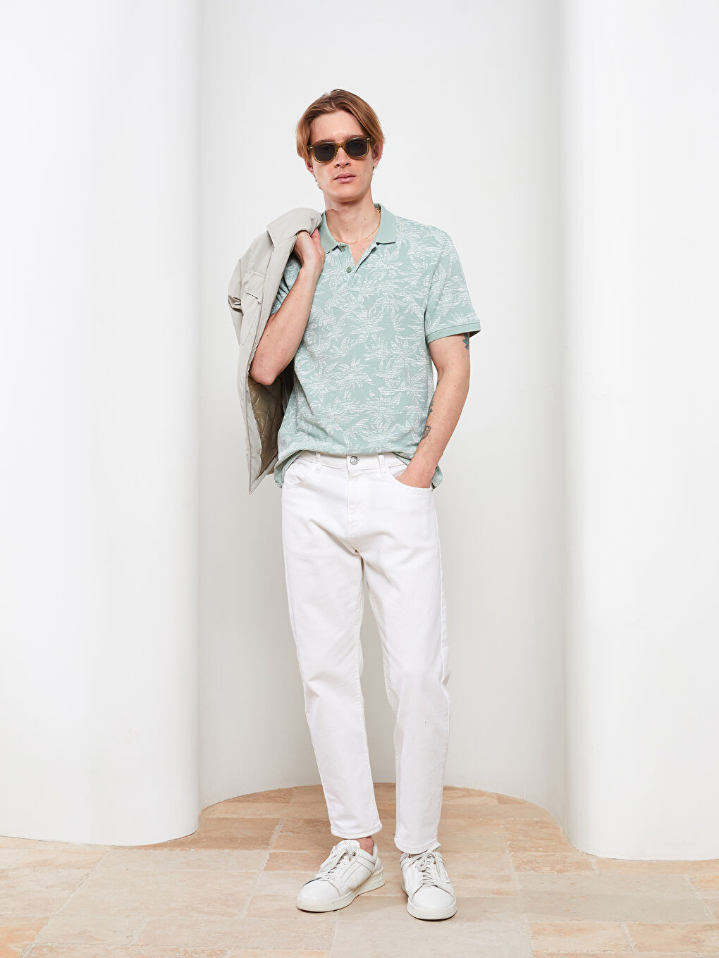 Yeşil Polo Yaka Kısa Kollu Desenli Pike Erkek Tişört-1