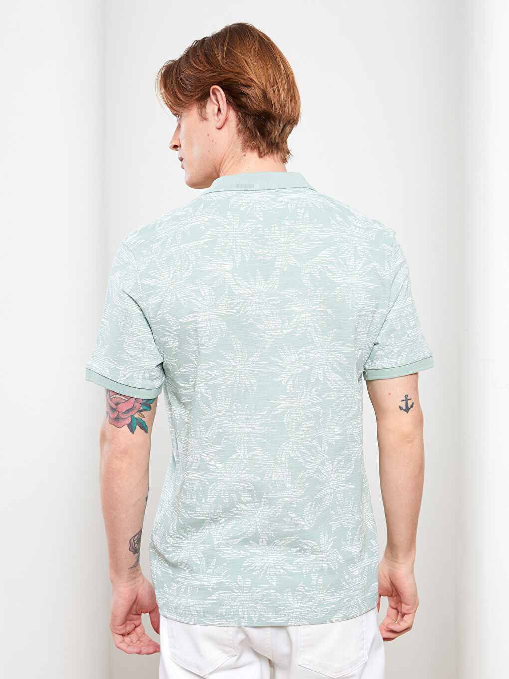 Yeşil Polo Yaka Kısa Kollu Desenli Pike Erkek Tişört-4