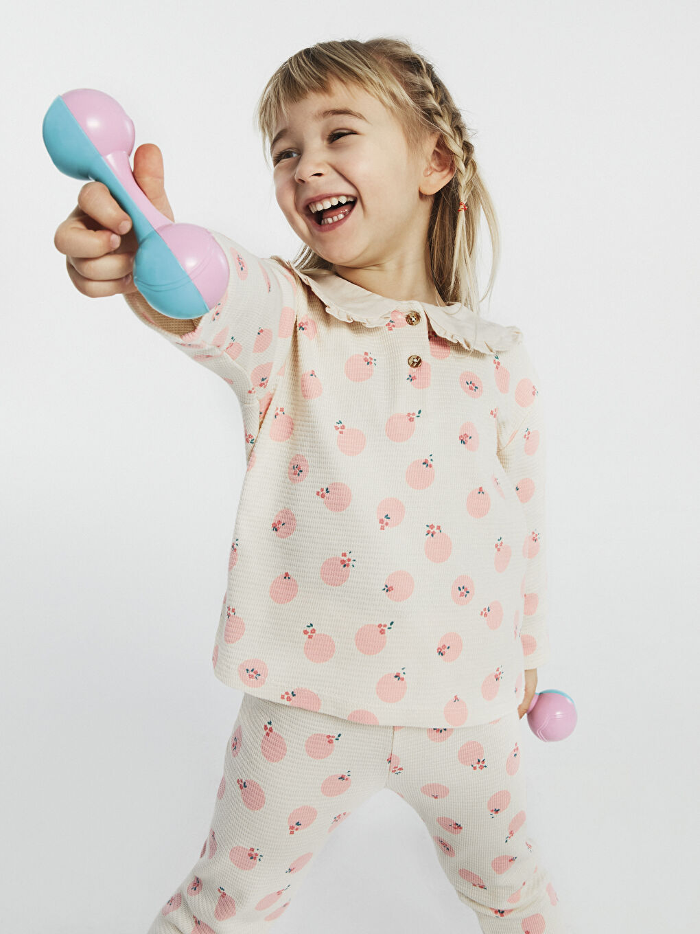 طقم تيشيرت وبنطلون بناتي رضع بكم طويل وياقة بيبي مطبوع - قطعتين-3