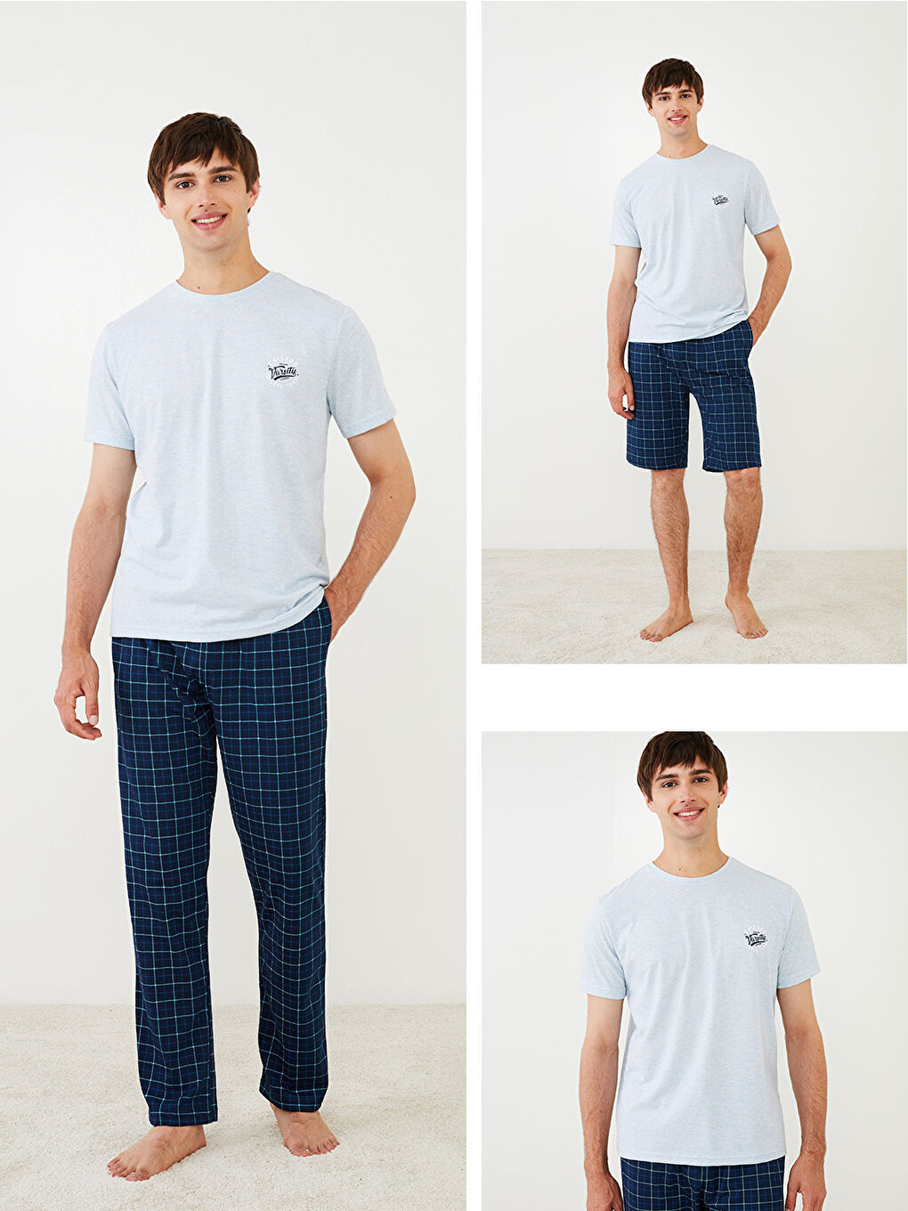 Mavi Standart Kalıp Ekose Erkek Pijama Takımı