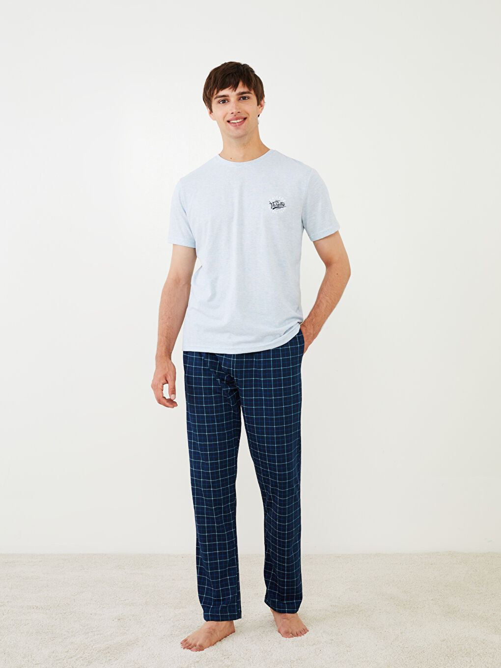 Mavi Standart Kalıp Ekose Erkek Pijama Takımı-1