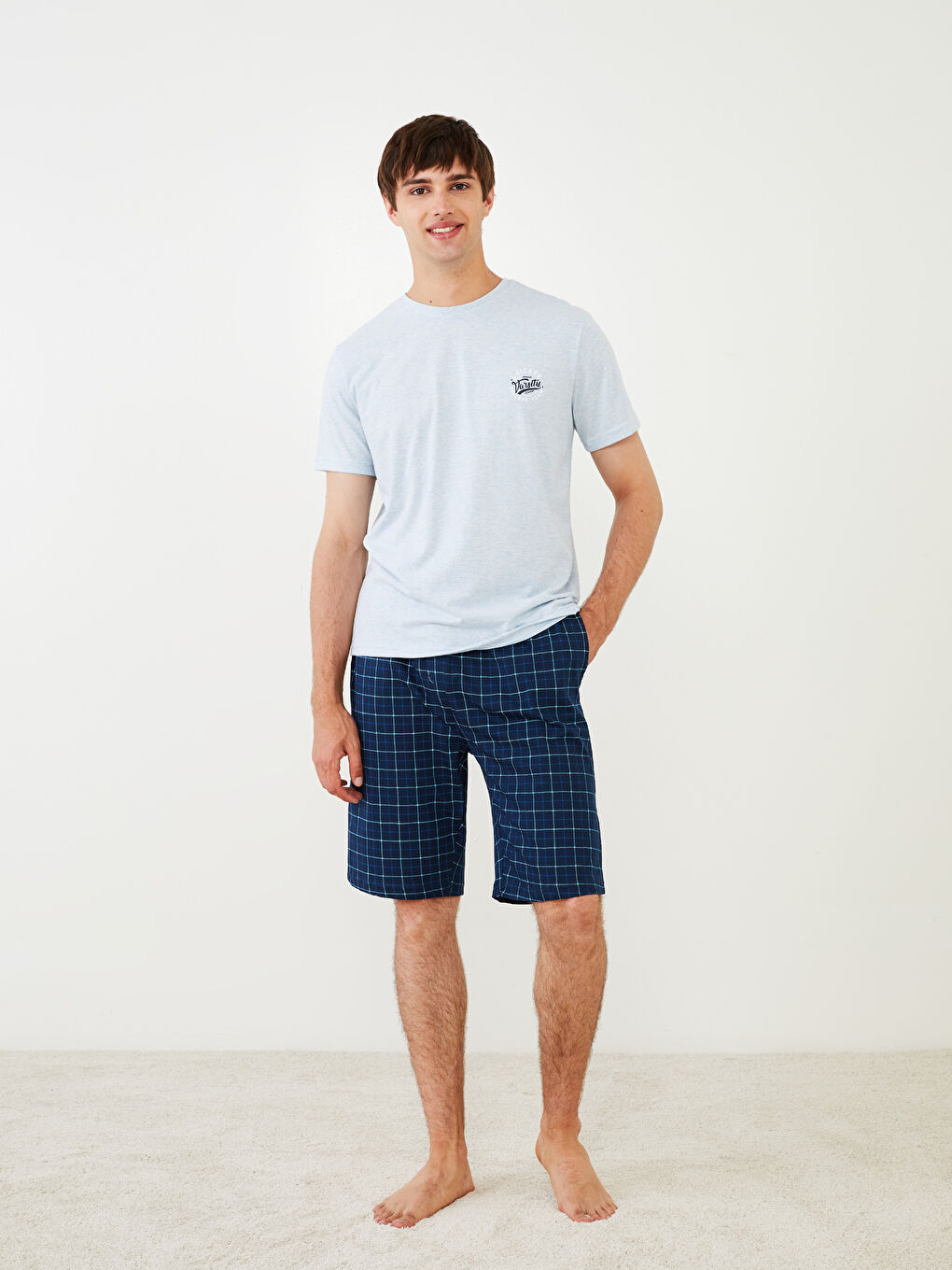 Mavi Standart Kalıp Ekose Erkek Pijama Takımı-3